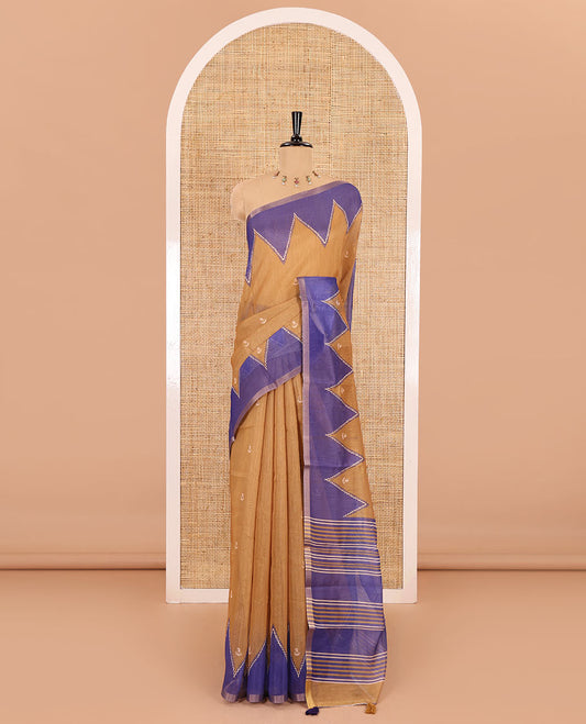 Gold small buttas printed Linen cotton saree, contrast double-sided temple border, striped pallu, and vertically striped blouse