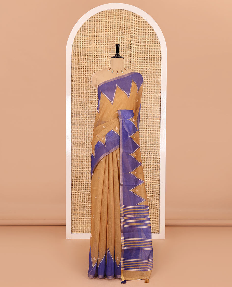 Gold small buttas printed Linen cotton saree, contrast double-sided temple border, striped pallu, and vertically striped blouse