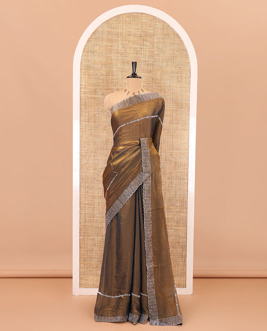 Mehendi green horizontally swarovski stone striped fendi chiffon saree, swarovski stone work border, and a plain blouse