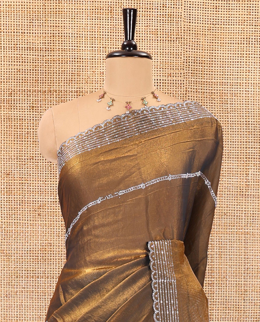 Mehendi green horizontally swarovski stone striped fendi chiffon saree, swarovski stone work border, and a plain blouse