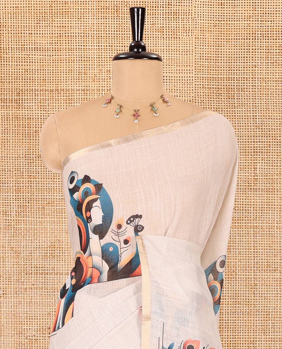 Chikku abstract Radha Krishna motifs printed linen cotton saree, gold zari piping border, Radha Krishna motifs printed pallu, and a peacock printed blouse
