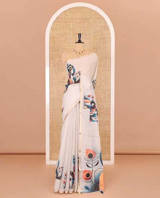 Chikku abstract Radha Krishna motifs printed linen cotton saree, gold zari piping border, Radha Krishna motifs printed pallu, and a peacock printed blouse