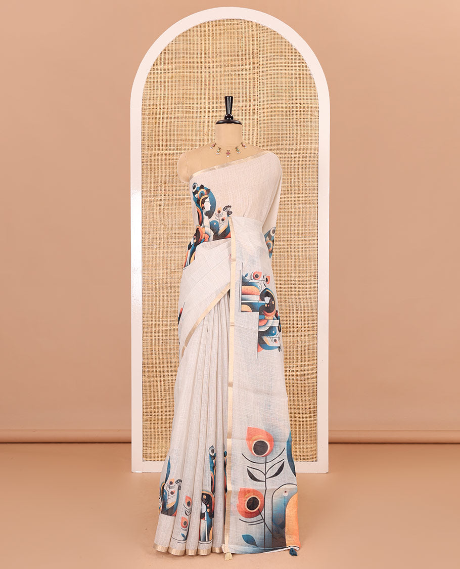 Chikku abstract Radha Krishna motifs printed linen cotton saree, gold zari piping border, Radha Krishna motifs printed pallu, and a peacock printed blouse