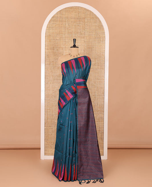 Peacock color thread buttas woven jute cotton saree, multi-color temple border, striped pallu, and a matching striped blouse