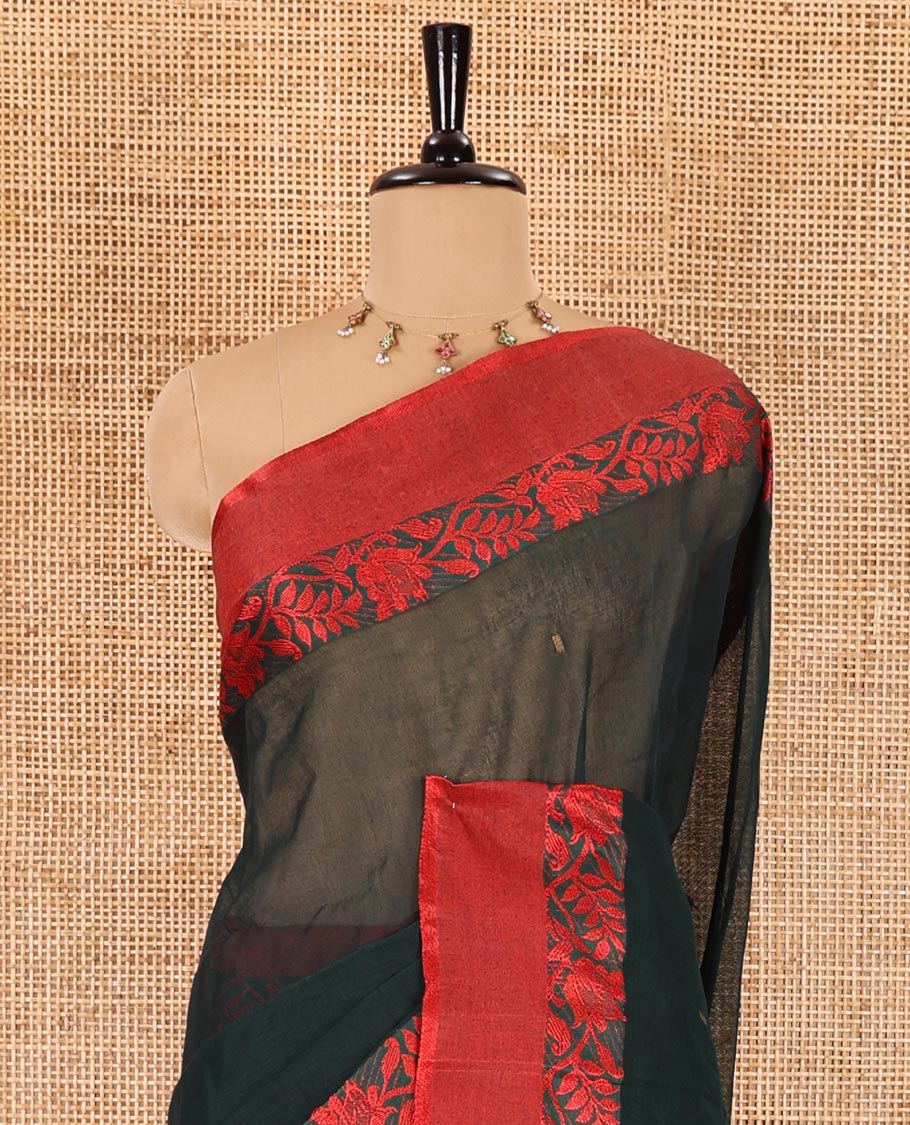Black thread buttas Bengal cotton saree, contrast floral creeper border, and pallu of buttas and stripes