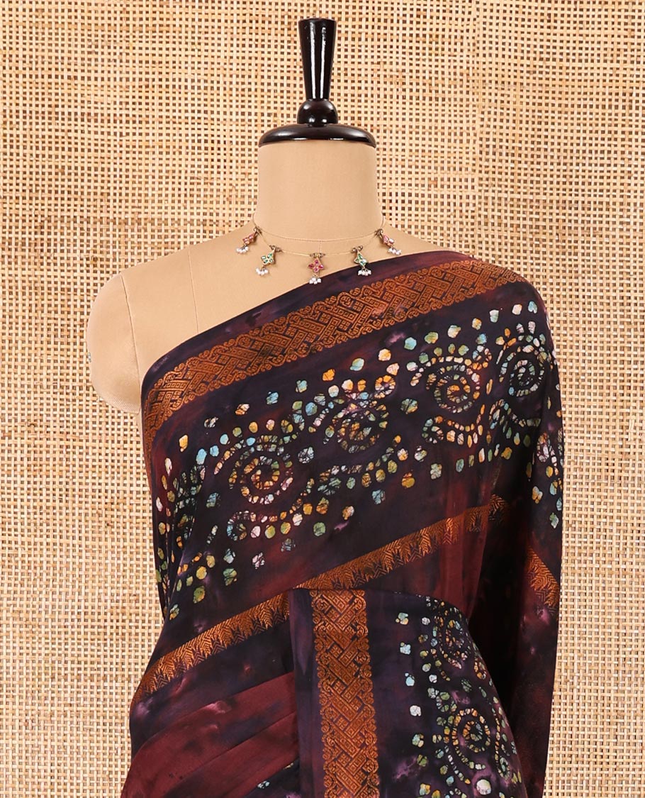 Wine shibori printed pure cotton saree, double side batik printed with traditional motifs border, floral printed pallu, and a shibori printed blouse