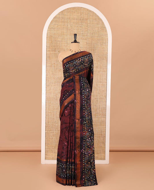 Wine shibori printed pure cotton saree, double side batik printed with traditional motifs border, floral printed pallu, and a shibori printed blouse