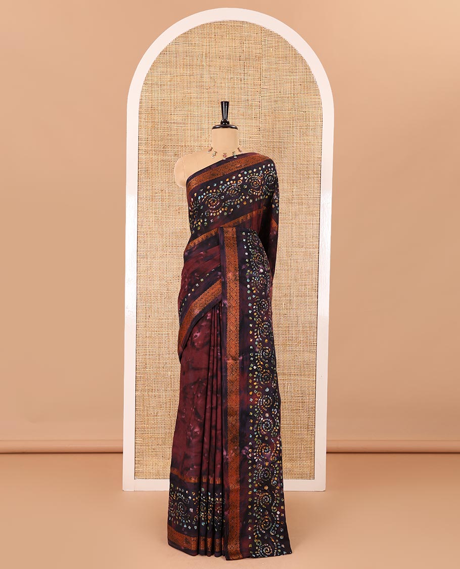 Wine shibori printed pure cotton saree, double side batik printed with traditional motifs border, floral printed pallu, and a shibori printed blouse