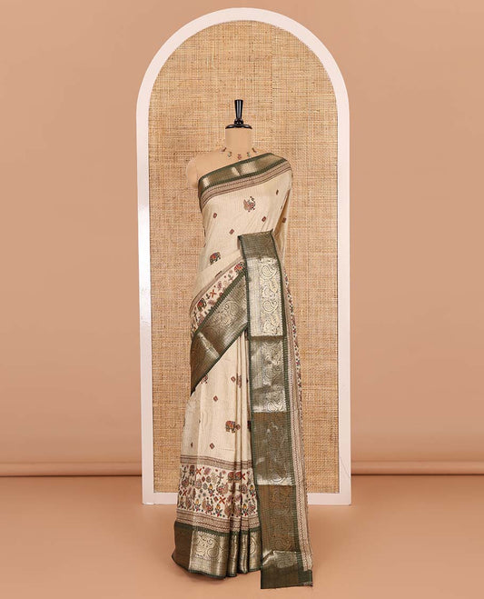 Chikku-mehendi green vertical striped, and animal motifs printed dola silk saree, contrast manga motifs zari border, animal motifs printed pallu, and a contrast printed blouse