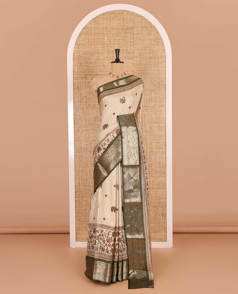 Chikku-mehendi green vertical striped, and animal motifs printed dola silk saree, contrast manga motifs zari border, animal motifs printed pallu, and a contrast printed blouse