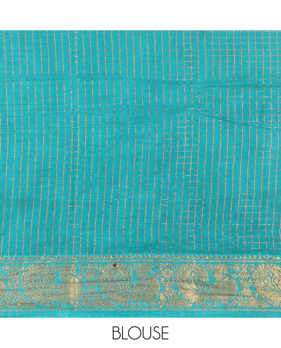 Navy blue-rama zari checked sungudi cotton saree, contrast zari border of peacock motifs, zari striped border, and a contrast blouse