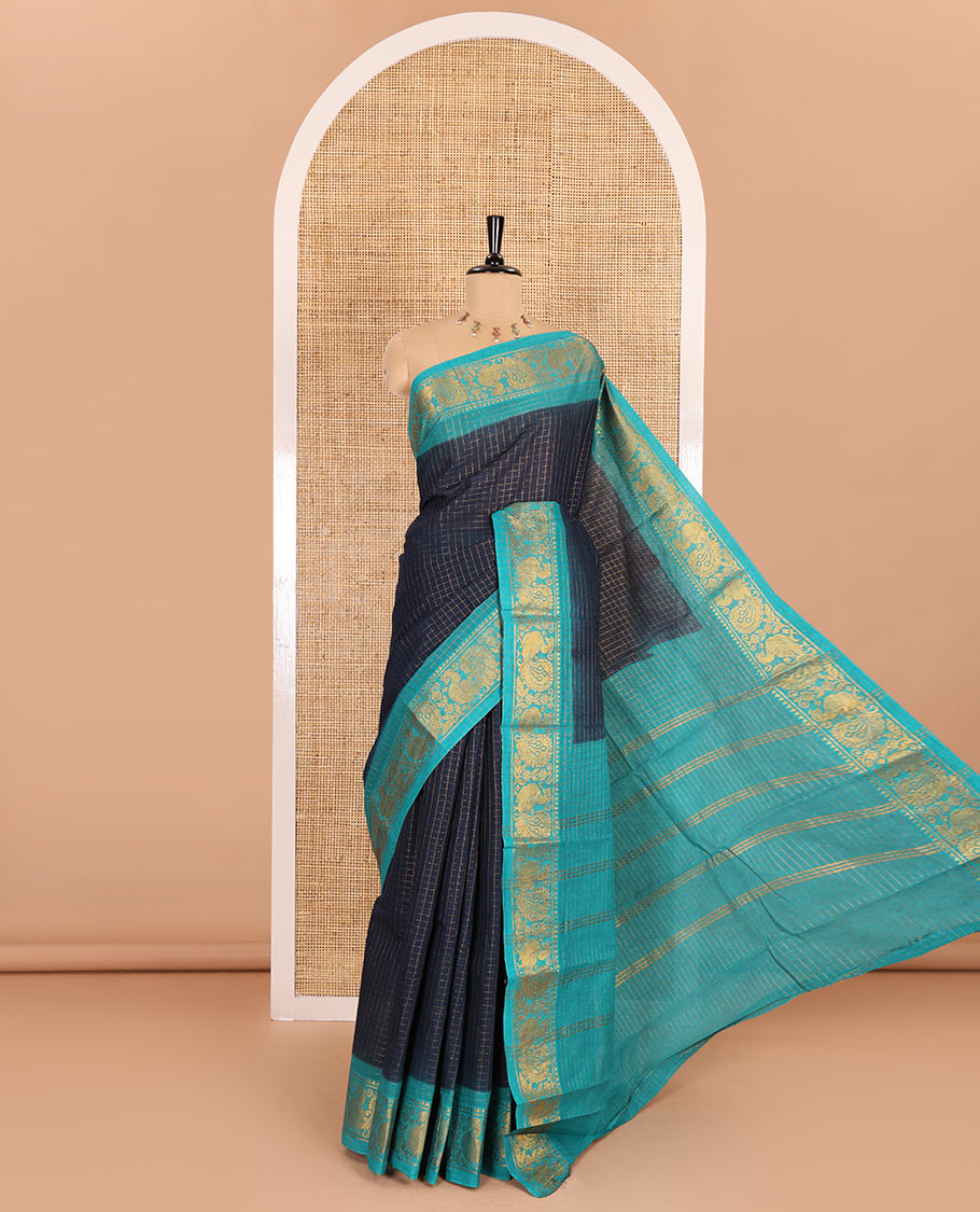 Navy blue-rama zari checked sungudi cotton saree, contrast zari border of peacock motifs, zari striped border, and a contrast blouse