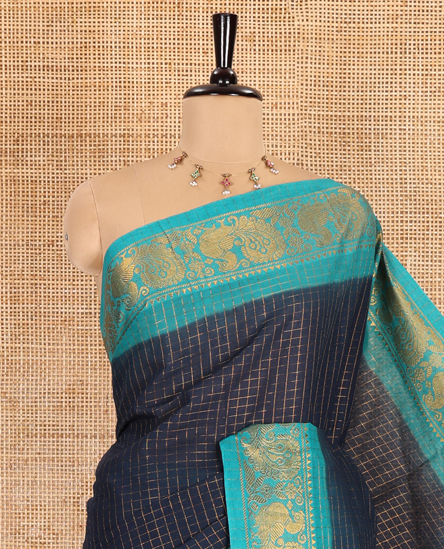 Navy blue-rama zari checked sungudi cotton saree, contrast zari border of peacock motifs, zari striped border, and a contrast blouse