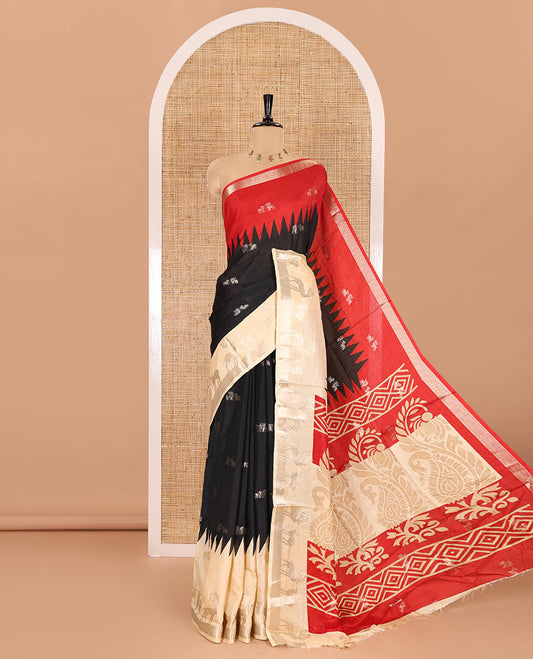 Black deer zari motifs dola silk saree, contrast red-cream ganga jamuna deer motifs zari woven border, paisley-diamond printed pallu, and a contrast deer motifs blouse