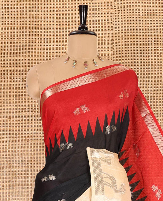 Black deer zari motifs dola silk saree, contrast red-cream ganga jamuna deer motifs zari woven border, paisley-diamond printed pallu, and a contrast deer motifs blouse