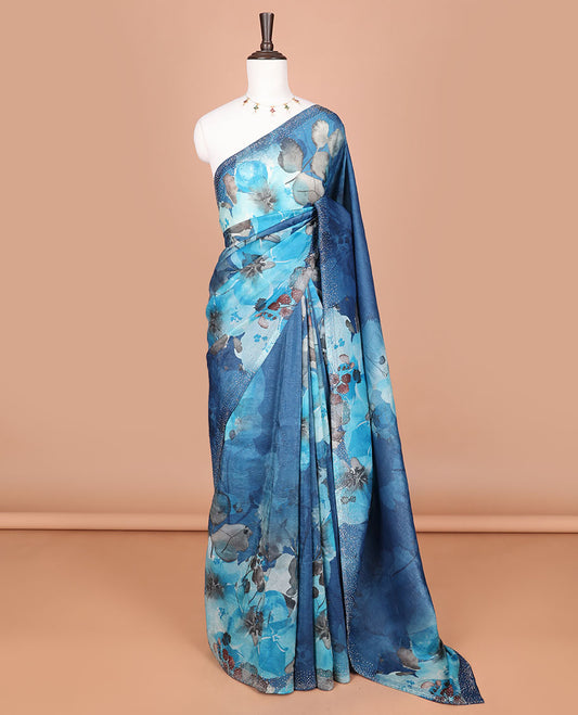 Blue digital printed crunchy crush saree with swarovski work border & self pallu along with swarovski stone work blouse