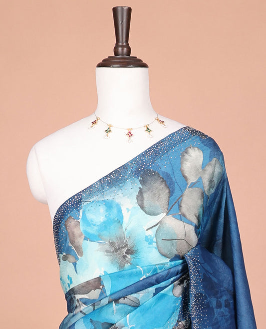 Blue digital printed crunchy crush saree with swarovski work border & self pallu along with swarovski stone work blouse