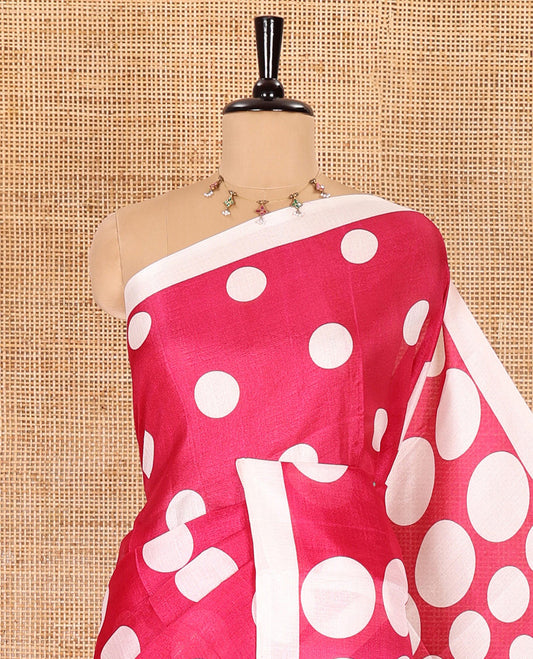 Borderless cream-rani pink polka dots printed art khadi cotton saree, pallu of big and small coin-size polka dots print, and a small dots printed blouse