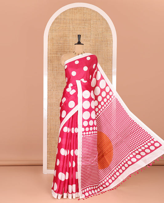 Borderless cream-rani pink polka dots printed art khadi cotton saree, pallu of big and small coin-size polka dots print, and a small dots printed blouse