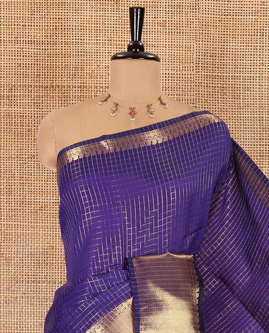 Royal blue zari checked semi-katan silk saree, traditional zari border, zari-rich pallu, and a matching blouse