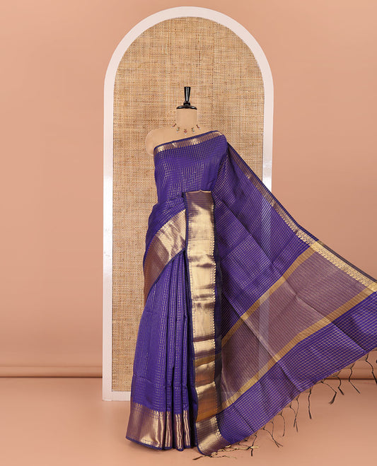 Royal blue zari checked semi-katan silk saree, traditional zari border, zari-rich pallu, and a matching blouse