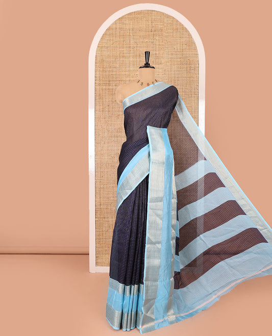 Navy blue checked moss chiffon saree, contrast traditional zari rettai pettu border, striped pallu, and a contrast zari design blouse