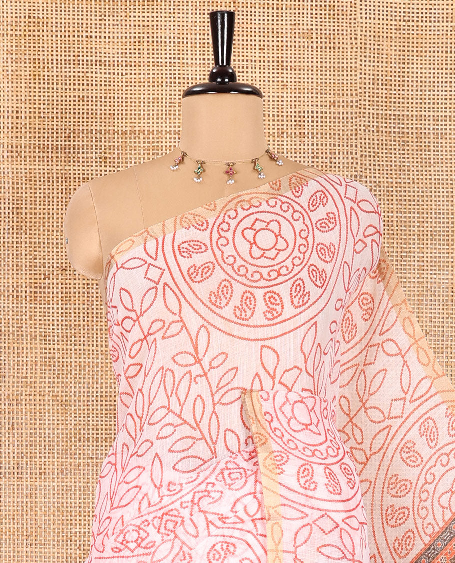 white bandhani-style floral and chakra printed saree, zari piping border, contrast ajrakh printed pallu, and contrast ajrakh printed blouse