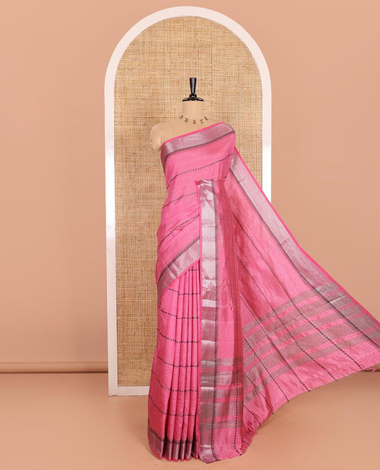 Pink Semi-Tussar Saree Embellished with Zari Horizontal Stripes and Thread Floral Designs, Featuring a Subtly Woven Temple Zari Border, a Striped Pallu, and a Matching Blouse