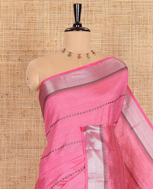 Pink Semi-Tussar Saree Embellished with Zari Horizontal Stripes and Thread Floral Designs, Featuring a Subtly Woven Temple Zari Border, a Striped Pallu, and a Matching Blouse
