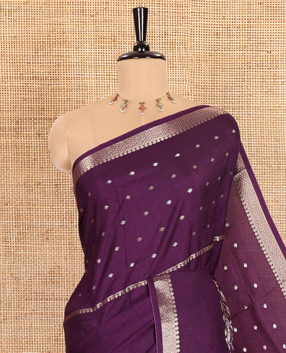 Dark Violet Russian Silk Saree Adorned with Gold Zari Buttas and Deer Motifs, Featuring a Subtly Sparkling Traditional Zari Border, a Pallu with Zari Stripes, and a Contrast Blouse Woven with Peacock Meena Buttas