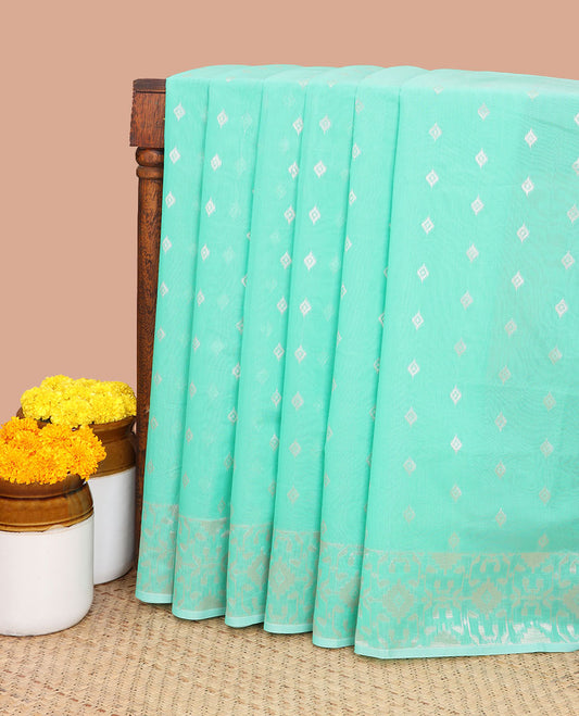 Green zari buttas silk cotton saree with jamthani weaving border & rich weaving pallu along with plain blouse