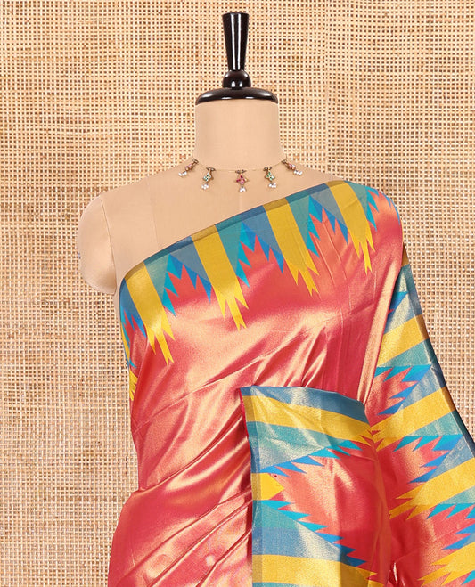 Gleaming Red Plain Khadi Tissue Silk Saree Featuring a Contrast Tissue Temple Border, Grand Pallu of Zari Jaal Design, and Paired with a Contrast Blouse of Zari Buttas