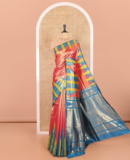 Gleaming Red Plain Khadi Tissue Silk Saree Featuring a Contrast Tissue Temple Border, Grand Pallu of Zari Jaal Design, and Paired with a Contrast Blouse of Zari Buttas