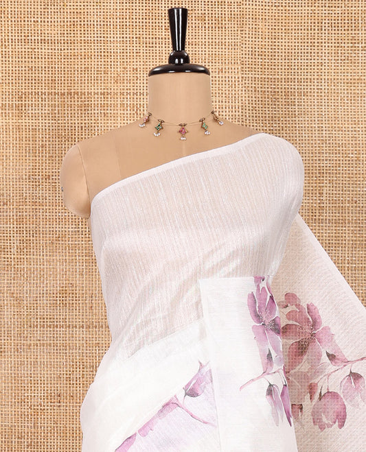 Borderless Off-White and Lavender-Shaded Green Silk Saree Enthralled with Floral Motifs Digital Print All Over Its Body, Elegantly Floral Printed Pallu, and Paired with a Floral Motifs Printed Blouse