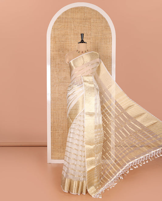 Entralling White Semi-Organza Saree Embellished with Zari Designs, Subtly Sparked with Traditional Zari Design Border, Zari-Striped Pallu, and Paired with a Matching Zari Design Blouse