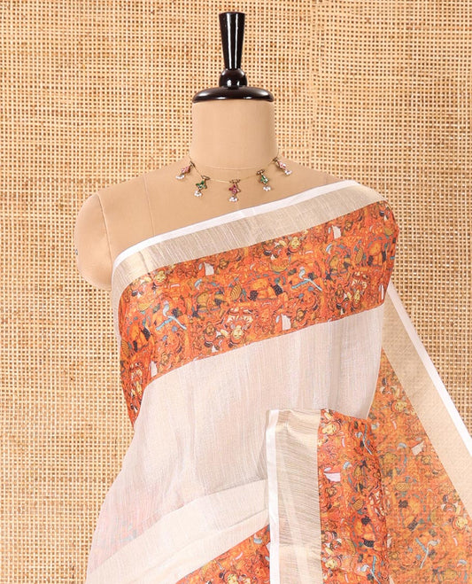 Cream Plain Tissue Saree Beautified with Contrasting Kerala Mural Painting-Style Ancient God and Goddess Printed Border, Painting-Style Printed Pallu, and a Contrast Plain Blouse