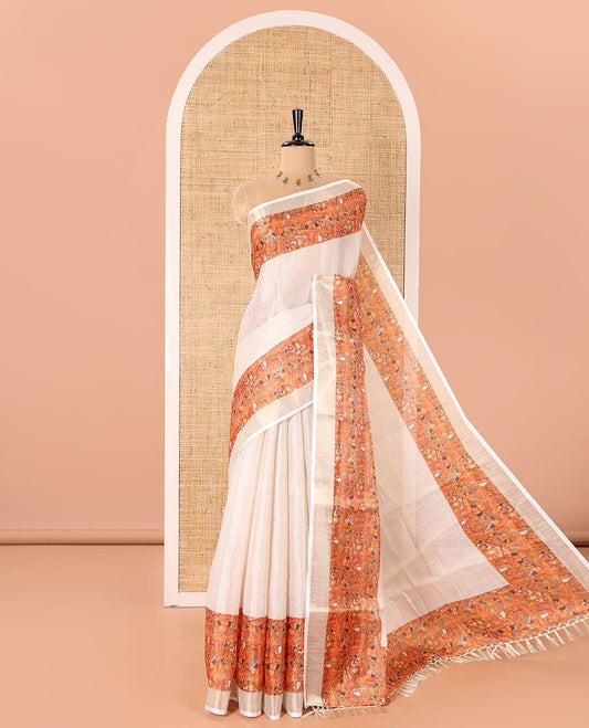Cream Plain Tissue Saree Beautified with Contrasting Kerala Mural Painting-Style Ancient God and Goddess Printed Border, Painting-Style Printed Pallu, and a Contrast Plain Blouse
