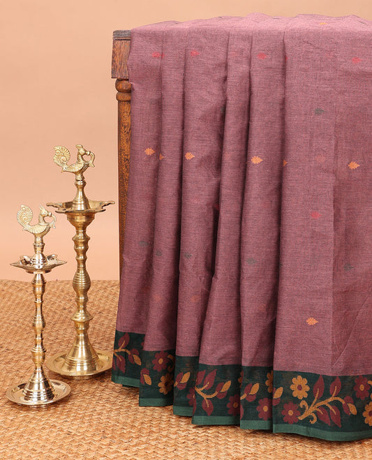 Onion pink thread buttas bengal cotton saree with resham border & chit pallu along with  linen digital shafread blouse