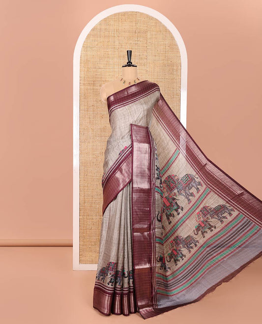 Grey and Wine Dola Silk Saree Subtly Designed with Checks and Elephant Motifs Print, Complemented by a Contrast Traditional Zari Design Border, Pallu Depicting Elephant Motifs Print, and Paired with a Contrast Blouse