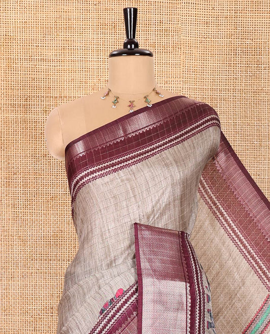 Grey and Wine Dola Silk Saree Subtly Designed with Checks and Elephant Motifs Print, Complemented by a Contrast Traditional Zari Design Border, Pallu Depicting Elephant Motifs Print, and Paired with a Contrast Blouse