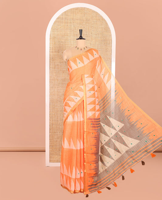 Orange Linen Saree Accentuated with Triangle Patterns Print, and Mirror Work All Over Its Body, Subtle Zari Piping Border, Contrast Pallu Mirrors the Same Print, and Paired with a Printed Blouse