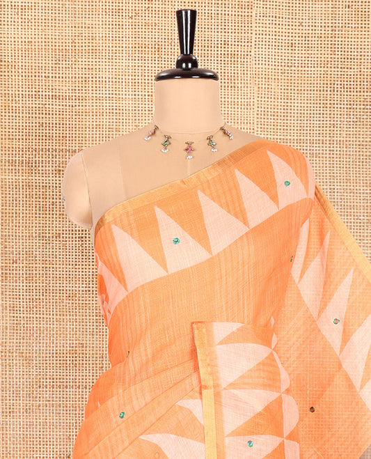 Orange Linen Saree Accentuated with Triangle Patterns Print, and Mirror Work All Over Its Body, Subtle Zari Piping Border, Contrast Pallu Mirrors the Same Print, and Paired with a Printed Blouse