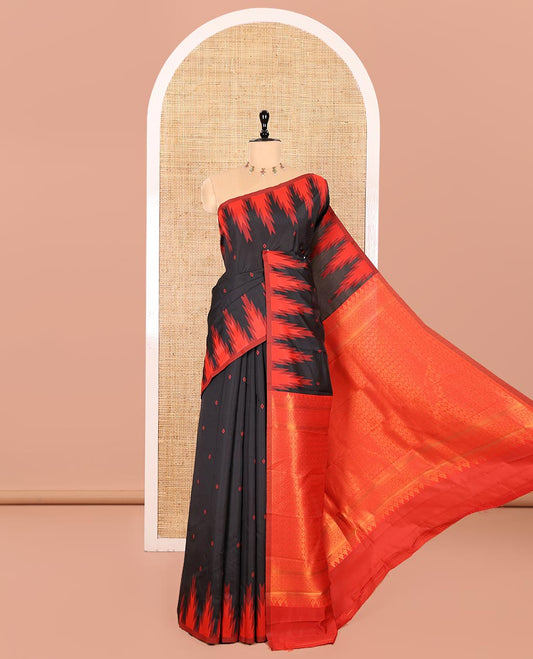 Black Kanchi Silk Saree Showcasing Thread Buttas All Over Its Body, Complemented by a Contrast Temple Border, Grandly Woven Pallu of Intricate Design Weave, and Paired with a Contrast Blouse
