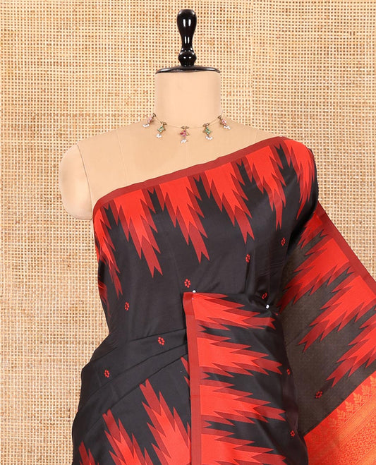 Black Kanchi Silk Saree Showcasing Thread Buttas All Over Its Body, Complemented by a Contrast Temple Border, Grandly Woven Pallu of Intricate Design Weave, and Paired with a Contrast Blouse