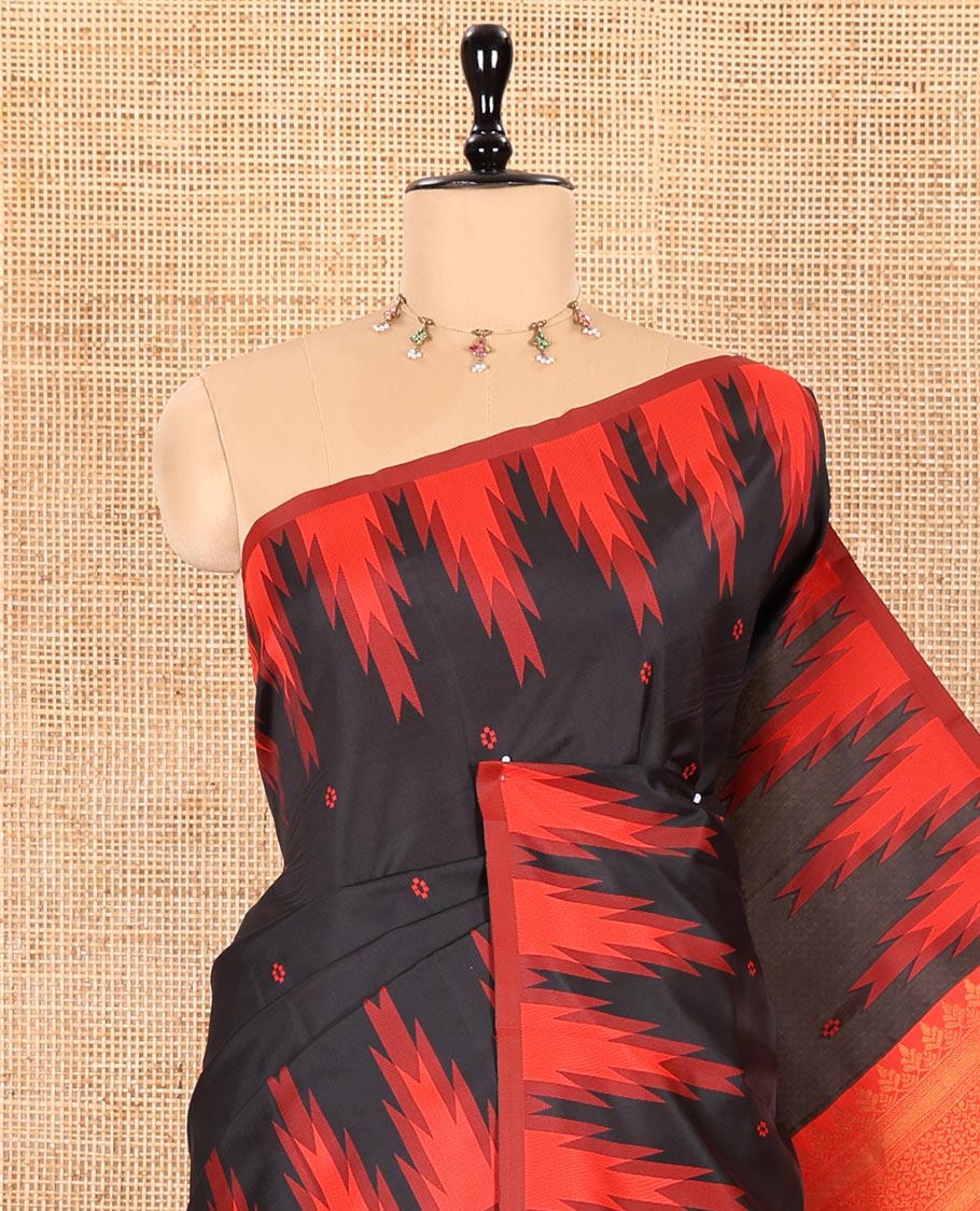 Black Kanchi Silk Saree Showcasing Thread Buttas All Over Its Body, Complemented by a Contrast Temple Border, Grandly Woven Pallu of Intricate Design Weave, and Paired with a Contrast Blouse