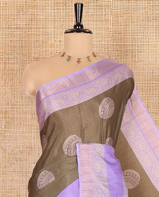 Green Katan Silk Saree Adorned with Stripes and Round Buttas on Its Body, Complemented by a Contrast Border of Floral Creeper Designs, Geometric Patterned Pallu, and Paired with a Contrast Blouse