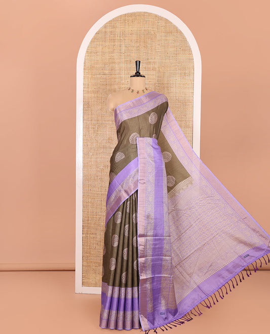 Green Katan Silk Saree Adorned with Stripes and Round Buttas on Its Body, Complemented by a Contrast Border of Floral Creeper Designs, Geometric Patterned Pallu, and Paired with a Contrast Blouse