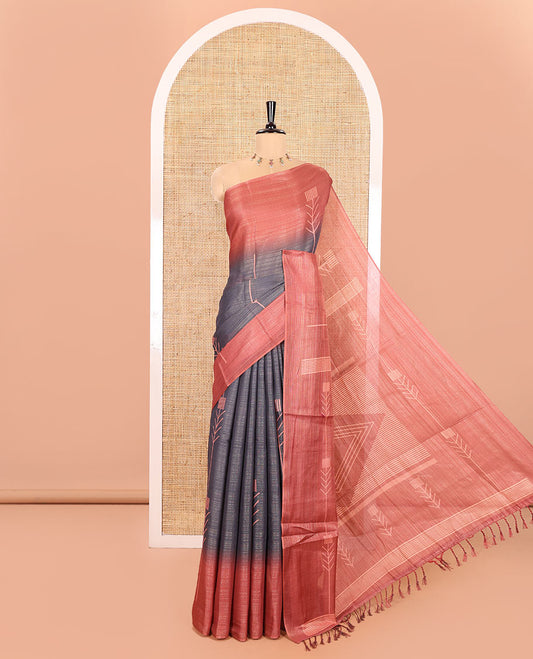 Grey Tissue Saree, Beautified with Horizontal Stripes and Unique Motifs Printed All Over Its Body, Complemented by Contrast Printed Border, Pallu Depicts Geometric Patterns, and Paired with a Contrast Geometric Printed Blouse