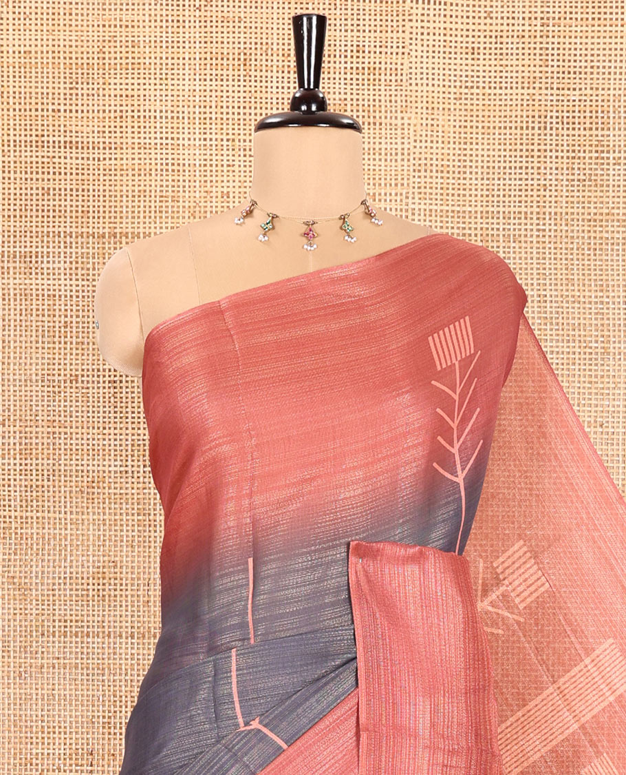 Grey Tissue Saree, Beautified with Horizontal Stripes and Unique Motifs Printed All Over Its Body, Complemented by Contrast Printed Border, Pallu Depicts Geometric Patterns, and Paired with a Contrast Geometric Printed Blouse