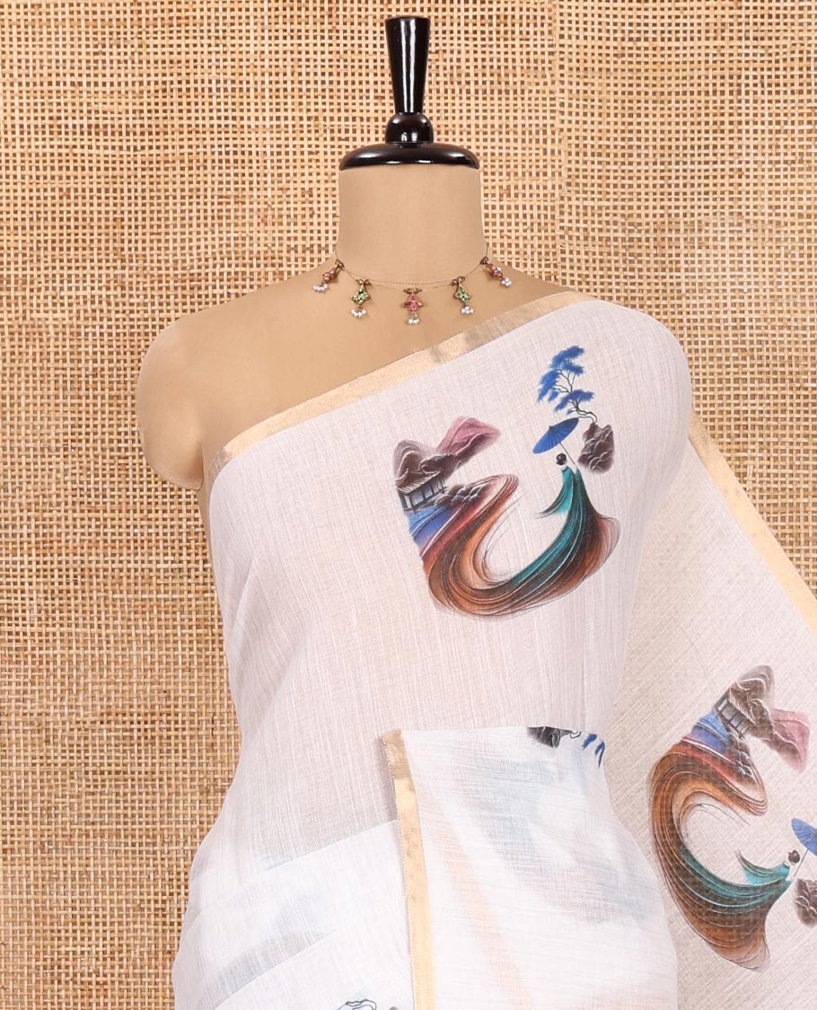 White Linen Cotton Saree Features Chinese Women Motifs Printed on Its Body, and Pallu, Subtle Piping Border, and Paired with a Matching Blouse